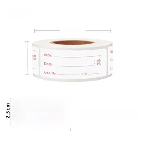 Detail view of 5x2.5cm food storage labels with Item, Date, and Use By fields