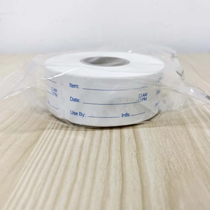 Macro shot of roll-packed food rotation labels with date and use-by tracking fields