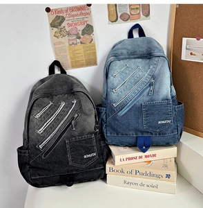 Detail of gradient denim backpack with diagonal zipper pockets and side storage pockets