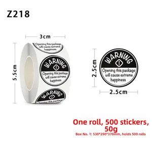 Detail view of 1.5-inch round happiness warning stickers with clear size measurements