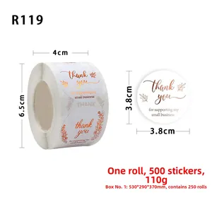 Detail of 3.8cm gold foil Thank You stickers with dimensions 4cm width and 500 pcs per roll