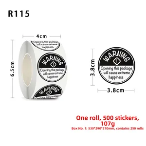 Detail of 3.8cm round warning labels on roll with size measurements and 500 stickers
