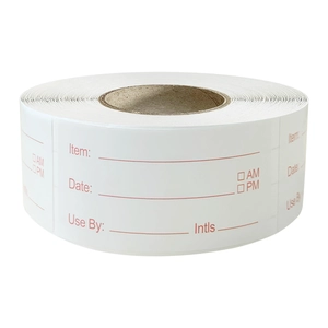 Roll of white self-adhesive food storage labels with red print for kitchen organization