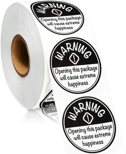Macro view of 1.5-inch round black and white warning stickers with extreme happiness quote