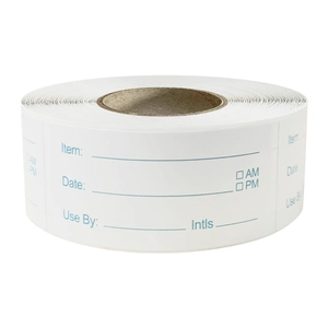 Macro detail of food storage labels roll with date, item and expiry tracking fields