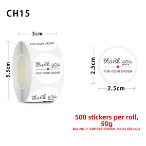 Detail view of 2.5cm Thank You sticker roll with dimensions and heart design labels