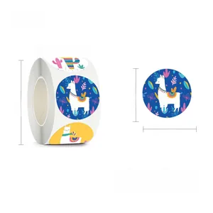 Detailed view of 2.5cm alpaca and cactus animal stickers roll with 500 adhesive labels