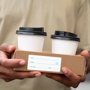 Detail of adhesive food labels on a drink carrier for date and item tracking