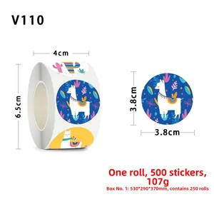 Detail showing llama and cactus animal sticker roll with dimensions and 500 count label