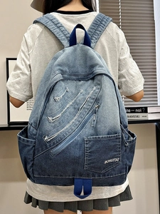 Blue gradient denim backpack for women with vintage washed texture and large capacity