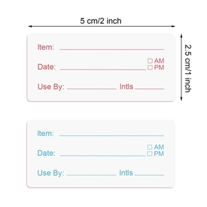 Adhesive food storage labels with date and item fields, 2x1 inch size for kitchen use