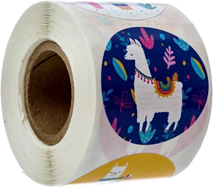 Close-up of llama animal stickers roll with cactus and colorful circular patterns