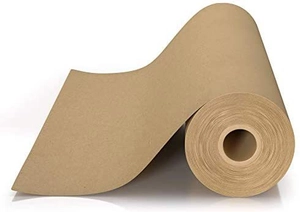 Detail view of a 45cm wide brown kraft paper roll showing smooth fiber texture and durability