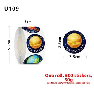 Detail view of 2.5cm space-themed stickers showing planet designs and dimensions