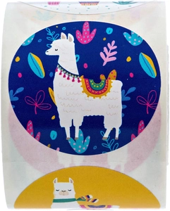 Macro detail of round alpaca cartoon stickers with floral pattern on a roll