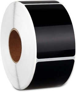 Macro shot of 1x2 inch roll of black waterproof PVC chalkboard stickers with rounded corners