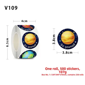 Space planet stickers detail showing 3.8cm diameter and inspirational motifs