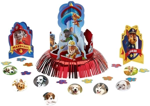 Detail of PAW Patrol themed party centerpieces and round character stickers for kids