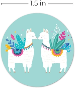Detailed view of 1.5 inch round alpaca sticker with colorful tassels on blue base