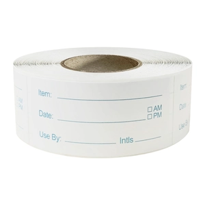 Self-adhesive food storage labels on a roll for kitchen organization and date marking