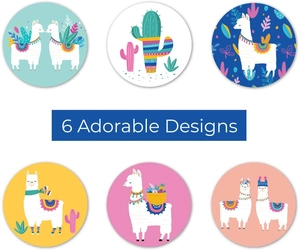 Detail showing 6 adorable alpaca and cactus cartoon sticker designs on a white background