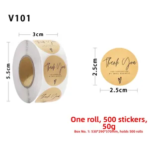 Detailansicht der 2,5cm Kraft Thank You Aufkleber mit Abmessungen und Rollendaten