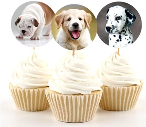 Close-up of cute dog-themed cupcake toppers with Golden Retriever and Bulldog prints