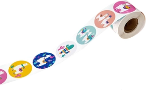 Close-up of a roll with llama and cactus cartoon stickers for gift decoration