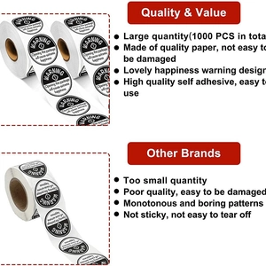 Roll of 1000 PCS round warning opening stickers with black background and white text