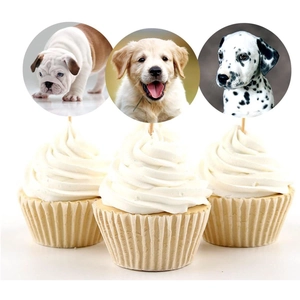 Dog themed cupcake toppers featuring bulldog and golden retriever designs for party decor