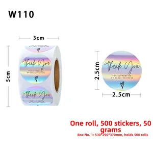 Detailed view of 2.5cm holographic thank you stickers roll showing specific dimensions