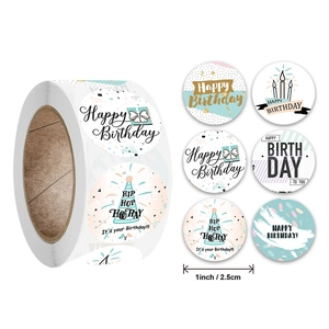 Roll of 500 colorful 1-inch Happy Birthday stickers with 6 assorted festive designs