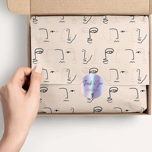 Rainbow laser thank you stickers on beige minimalist face line art packaging paper