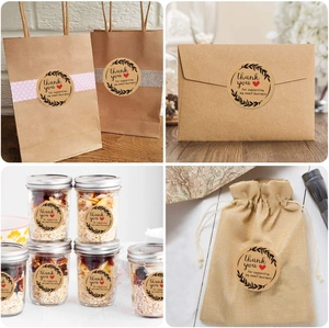 Detail of round kraft stickers featuring thank you text on various gift packaging