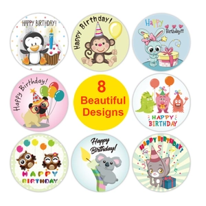 Rollo de 500 pegatinas de Feliz Cumpleaños con 8 diseños de animales para sellar regalos