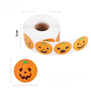 Detailed dimensions of Halloween pumpkin sticker roll showing diameter and weight info
