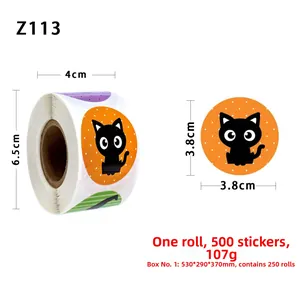 Dettagli degli adesivi gatto di Halloween con dimensioni e diametro di 3,8 cm