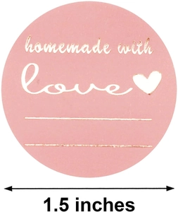 Dettaglio dell'etichetta rosa da 1,5 pollici con lamina d'oro 'homemade with love' e righe