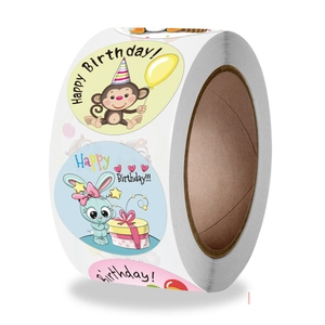 Rollo de pegatinas de Feliz Cumpleaños con animales de dibujos para decorar regalos