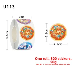 Detail view of 2.5cm cartoon food reward stickers roll with donuts and pizza icons