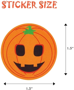 Detailed size chart showing 1.5 inch round Halloween pumpkin stickers for kids' gifts