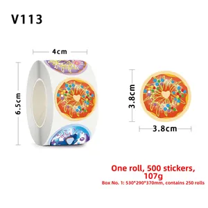 Roll of 500 colorful doughnut reward stickers 3.8cm for kids gifts and stationery