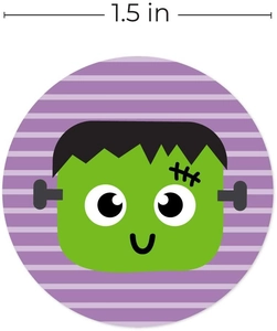 Dettaglio dell'adesivo di Halloween Frankenstein da 1,5 pollici con sfondo a righe viola