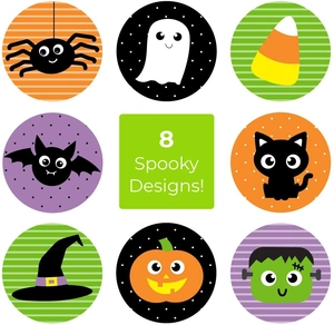 Dettaglio di adesivi di Halloween con 8 motivi spaventosi come fantasmi e zucche