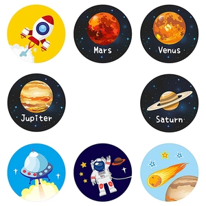 Adesivi premio a tema spazio per bambini con razzi astronauti e pianeti colorati