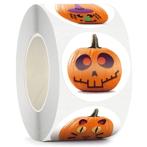 Roll of 500 cartoon Halloween pumpkin stickers featuring diverse cute seasonal designs