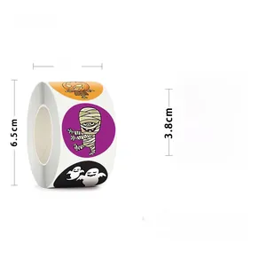 Detailed dimensions of 500pcs Halloween cartoon stickers roll showing size 3.8cm diameter