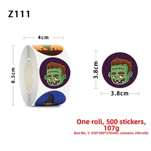 Detail view of 3.8cm Halloween stickers with cartoon monsters on 500-count roll