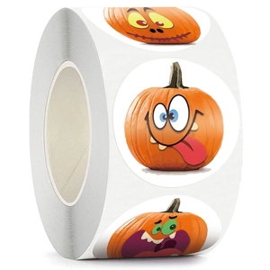 500-count roll of round Halloween pumpkin stickers with various cartoon expressions