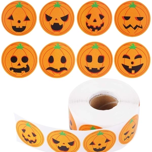 500 Sheets Halloween Pumpkin Face Roll Stickers Round Orange Jack-O'-Lantern Adhesive Labels For Party Decoration Gift Wrapping